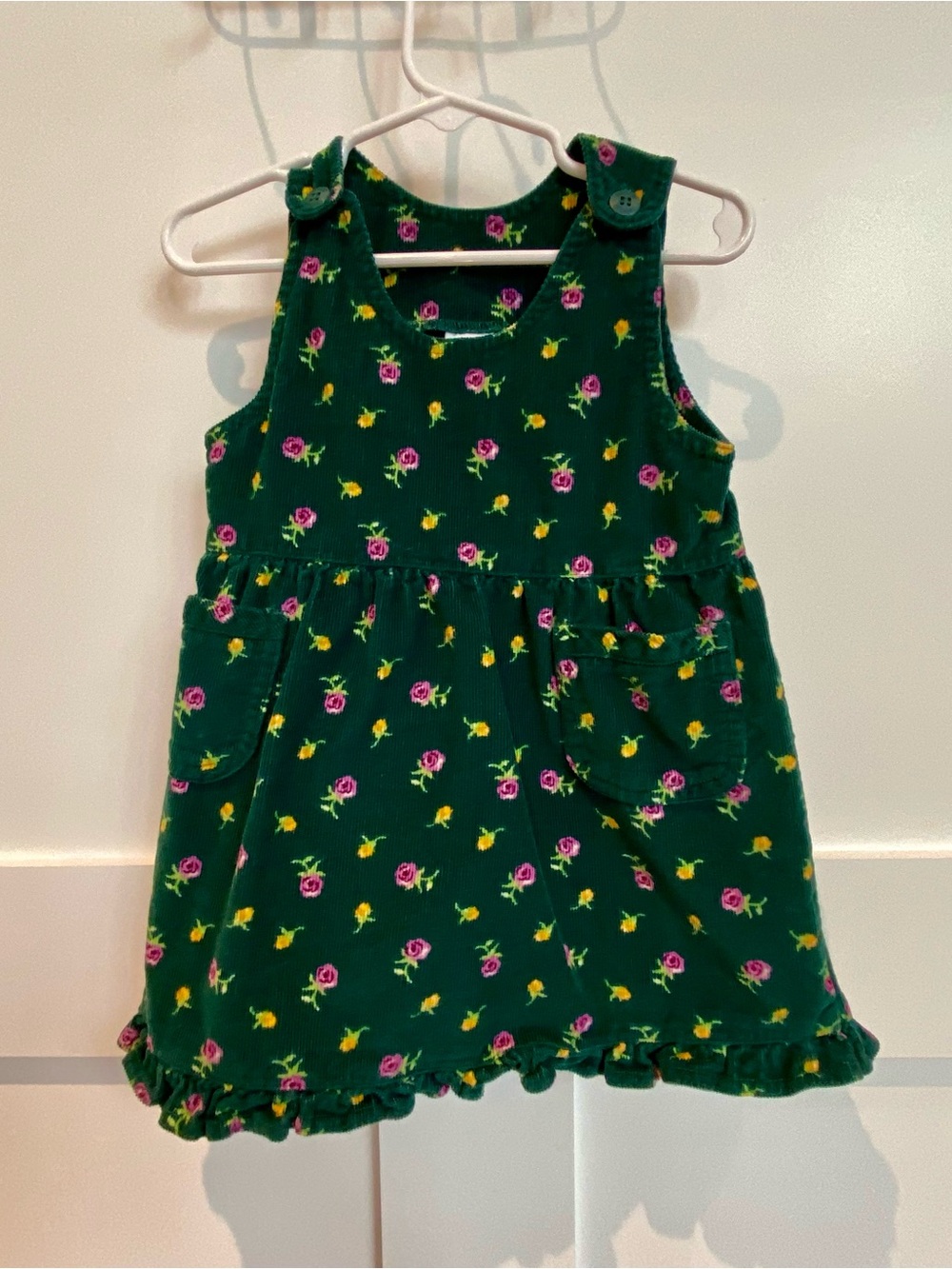 Cherokee Green Floral Corduroy Pinafore Dress with Pockets